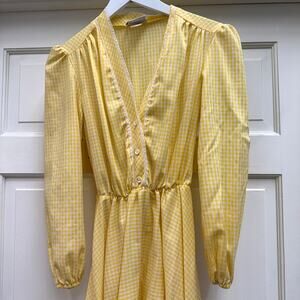 Vintage 1960s Yellow Gingham Belted Yellow Peasant Sun Dress Summer Picnic Avon